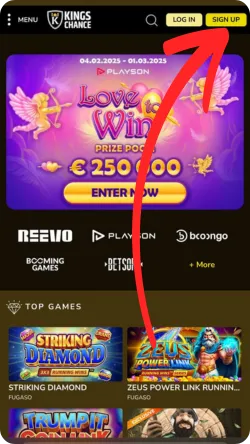 Bouton d'inscription sur la page d'accueil de Kings Chance Casino