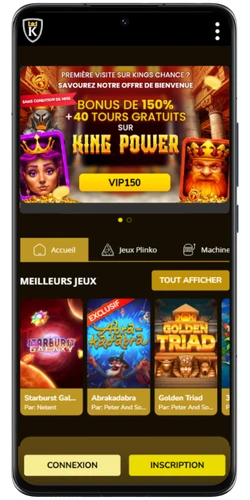 Page d'accueil de mobile Kings Chance connexion avec les catégories de jeux et le menu principal