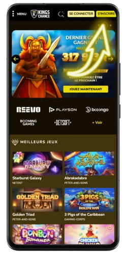 Écran d'accueil de l'application Kings Chance avec le bouton Connexion en haut à droite pour accéder à son compte joueur