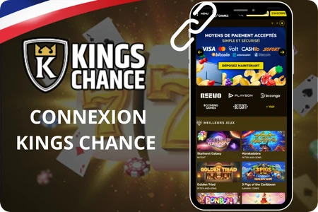 Interface de connexion Kings Chance affichée sur différents appareils avec les champs d'identification et le menu principal