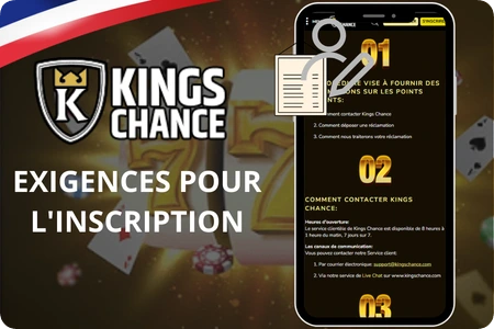 Page des conditions Kings Chance APK enregistrement avec la liste des documents et données nécessaires pour valider un profil