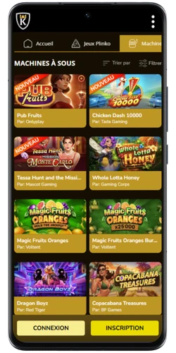 Catalogue des machines à sous dans Kings Chance enregistrement avec les filtres par fournisseur et par popularité