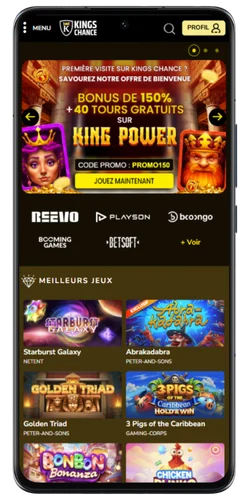 Page d'accueil Kings Chance affichée après une connexion réussie avec le solde du compte et les catégories de jeux disponibles