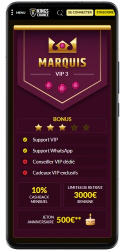 Description du programme VIP dans l'application Kings Chance ios connexion avec les niveaux de fidélité et les avantages associés