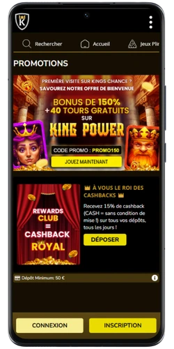 Section des bonus dans Kings Chance enregistrement affichant les offres actuelles pour les joueurs français