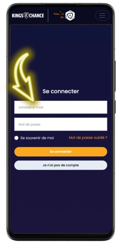 Page de connexion Kings Chance avec les champs e-mail et mot de passe à remplir pour s'identifier dans l'application