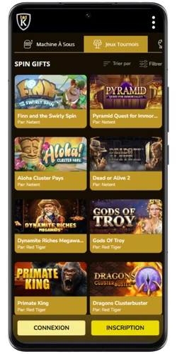 Page des tournois actifs dans Kings Chance APK connexion avec les prix et le temps restant pour participer